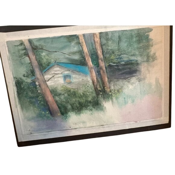 Original pastel Landscape Painting With Forest Scene & House green brown 18x12" - Picture 1 of 4